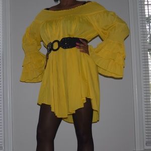 Gracia Smocked Off-the-shoulder Ruffle Sleeve Dress in Yellow